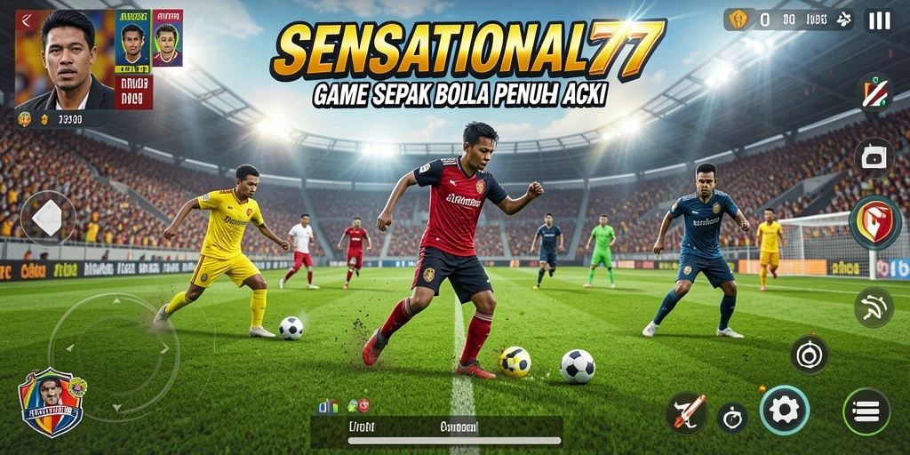 Screenshot utama SENSATIONAL77 yang menunjukkan aksi di lapangan sepak bola.