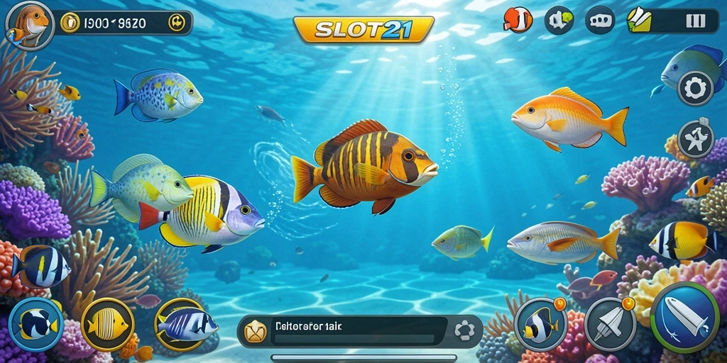 Tampilan gameplay SLOT21 yang menarik dengan aksi Tembak Ikan yang seru.