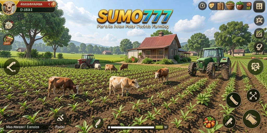 Tampilan gameplay menarik di SUMO777 dengan aktivitas bertani yang seru.