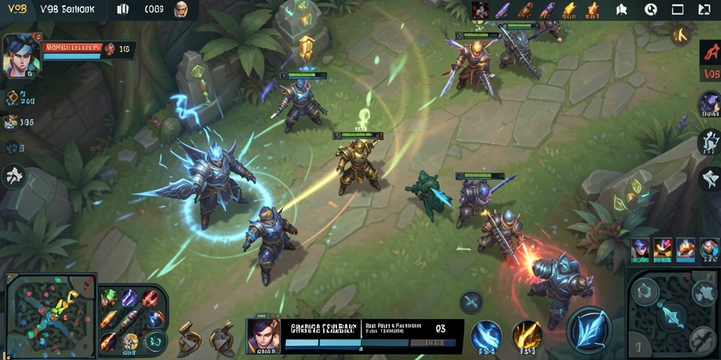 Tangkapan layar gameplay V98 dengan aksi pertarungan seru di arena MOBA.
